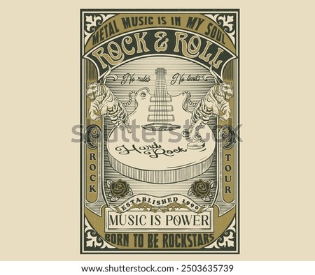 Metal music is in my soul. born to be rock stars. Guitar with Tiger artwork. Heavy metal music poster design. Tiger rock t shirt design. Rock and roll print design. Rose flower line drawing.