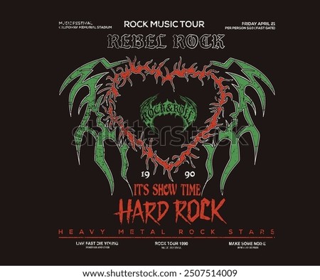 Rock music tour. Rebel rock artwork. Fire heart graphic design for t shirt print, poster, sticker, background and other uses. Love you more, valentine day t shirt design. Heavy metal rock star.