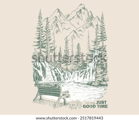 Mountain camping. Adventure at the mountain graphic artwork for t shirt and others. River and waterfall with hill artwork. Mountain with tree vintage print design. good life. Bench hand sketch.