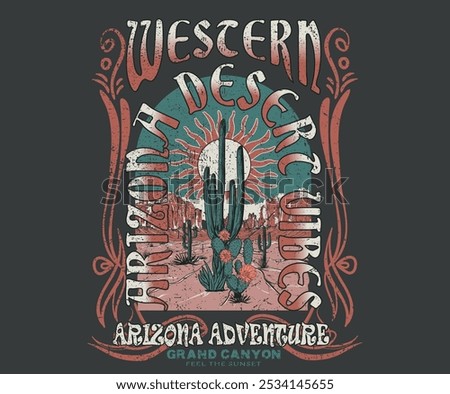 Desert vibes artwork design for sticker, poster, background, fashion and others. Western desert artwork. Cactus tree vector design. Desert adventure art. Arizona vintage print design for t shirt.