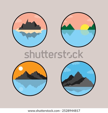 Evening Mountain Landscape icon design vector symbol set including sunset and mountain shadow