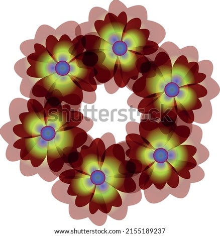 Six identical flowers are arranged in a circle. A vector file is useful for creating designs.