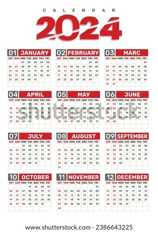 Red, White and Black 2024 wall calendar template schedule vector 