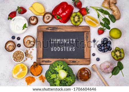 Healthy products - immunity boosters background. Fruits and vegetables for healthy immune system. Top view. Copy space