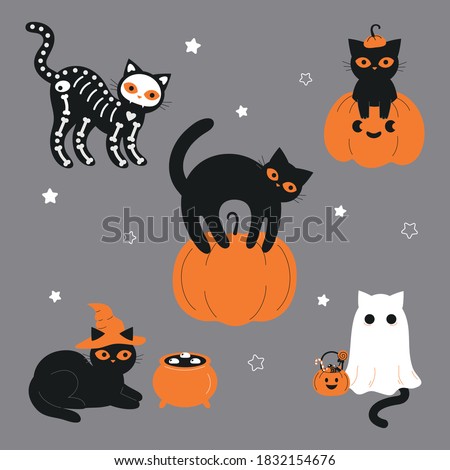 Black cats in spooky outfits. Witch cat, ghost cat, skeleton cat, cat in pumpkin. Design for Halloween and Mexican holiday Day of the Dead.