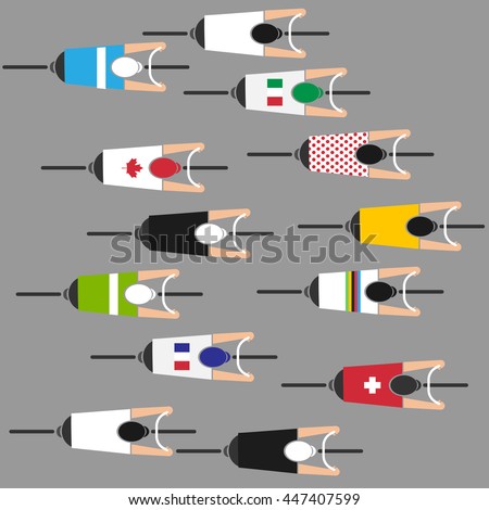 Cyclists group at professional race. Top view. Vector illustration.