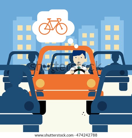 Urban traffic jam concept illustration. Man locked in traffic thinking on a bicycle.
