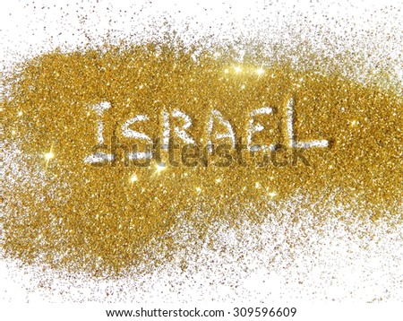 Blurry inscription Israel on golden glitter sparkles on white background