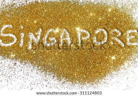 Inscription Singapore on golden glitter sparkles on white background