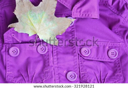 Purple jacket and a maple leaf in the pocket. Bright autumn look