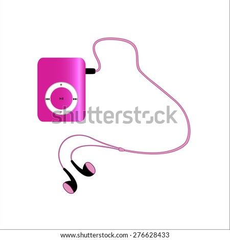 Real pink mp3 player with headphones isolated on white background.  Vector illustration