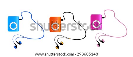 Real colored mp3 players with headphones isolated on white background. pink, orange, blue MP3-players. Vector illustration