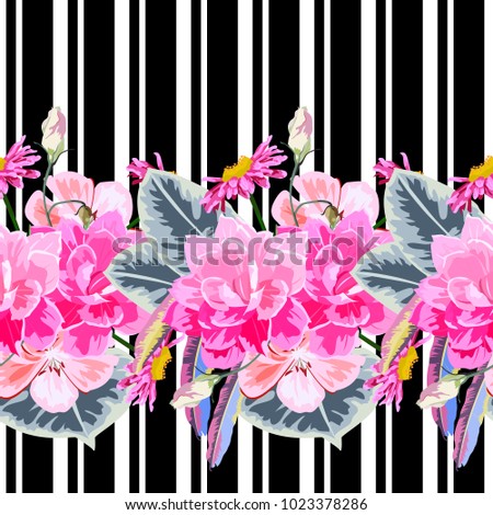 Seamless pattern with pink flowers on striped background. Flower background for textile, cover, wallpaper, gift packaging, printing.Romantic design for calico, silk.