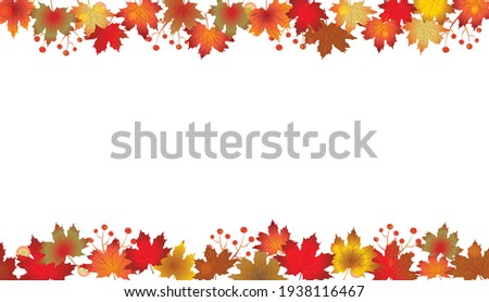 Autumn Leaves Border isolated on White. Red, yellow and orange fall leaves with copy space. Fall foliage frame for text. Editable vector illustration, EPS10.