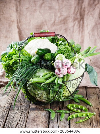 Vegetables variety in a wire basket on a wooden background. selective focus