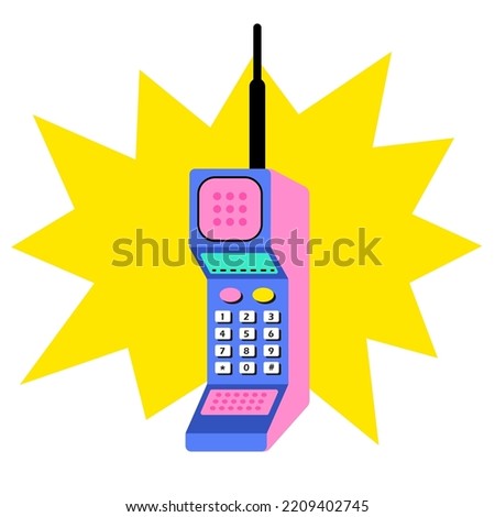 An old mobile phone from the 90s, 80s. Bright push-button phone in retro wave style. Nostalgia