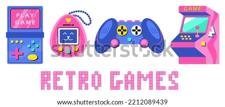 A set of retro games of the 90s, 80s. Old electronic games tamagotchi, joystick, console, arcade, slot machine