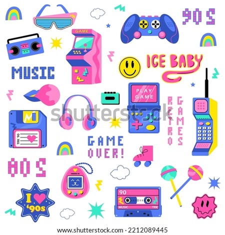 A large set of 90s, 80s. Retro games, cassette, arkanoid, joystick, console, floppy disk, headphones, pixels