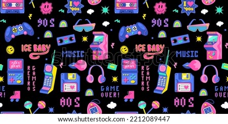 Seamless pattern of the 90s, 80s. Retro games, cassette, arkanoid, joystick, set-top box, headphones, pixels