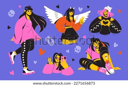 A set of strong emo girls. young women are dressed in pink and black. Punks, goths, youth. Teen fashion
