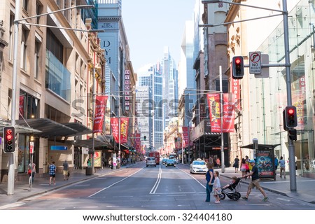 SYDNEY, AUSTRALIA - 3 October 2015 : The day before big changes, close on George Street for Tomorrow\'s Sydney Project. Light rail early work begins on George Street between King and Market streets.