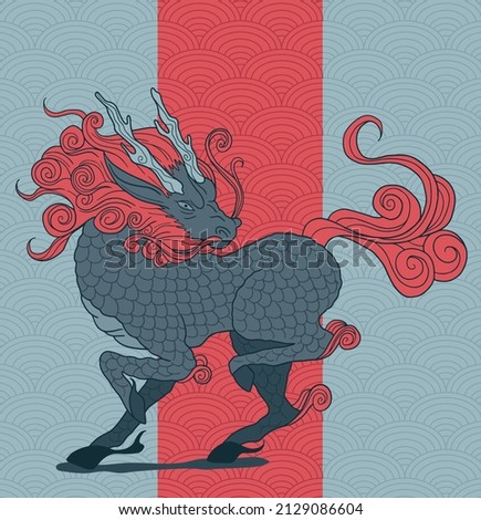 mythological creature - qilin, blue and vibrant red colours, simple wave pattern and rectangle form