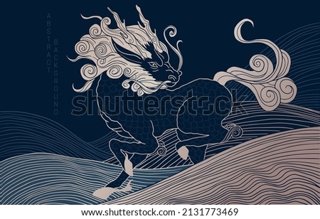 mythological creature - qilin, black and gold colours, with waves