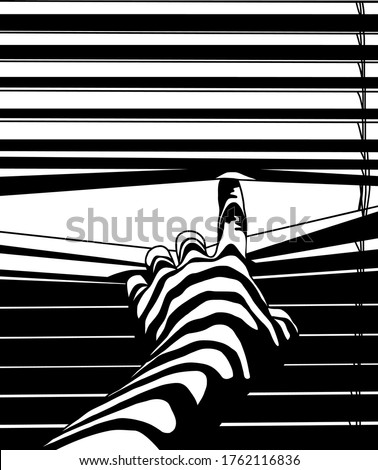 Hand holding Roller Blind, opens view through Jalousie, black and white Vector Illustration Graphic