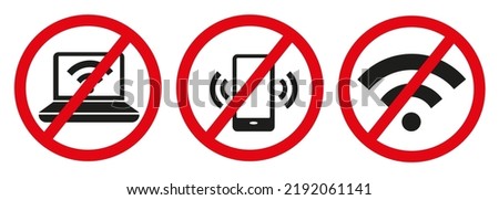 Set of universal mobile phone, laptop and wifi prohibition icons.
