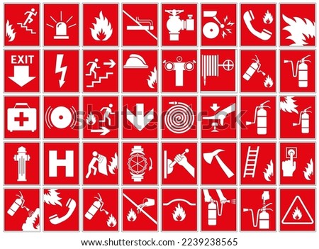 Fire action signs. Commonly used fire signs.