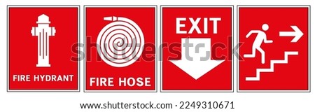 The signs contain symbols of a fire hydrant and also show an emergency exit in case of fire.