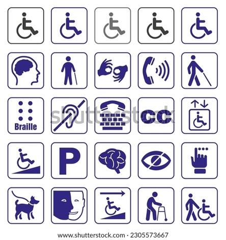 Set of disability icons or graphic elements with information about disability, accessibility icons for people with disabilities or people with disabilities icons. Vector illustration.