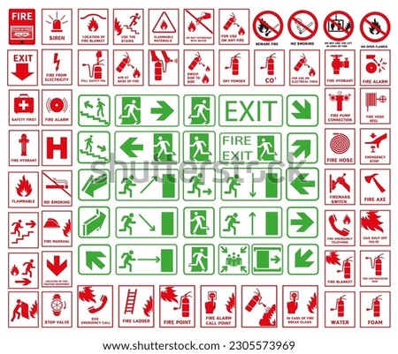 Set of emergency exit signs in case of fire danger. As well as signs associated with fire.