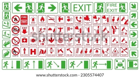 Signs for evacuation during a fire. Fire protection signs. Red signs are used for fire warning. Action during a fire.