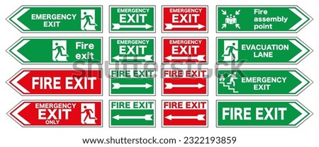 Set of emergency exit and fire exit signs, fire gathering place, emergency exit direction. Vector illustration. EPS 10.