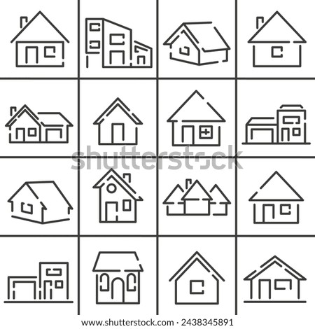 Houses and huts, dashed line vector icons. A collection of icons of houses. Vector huts