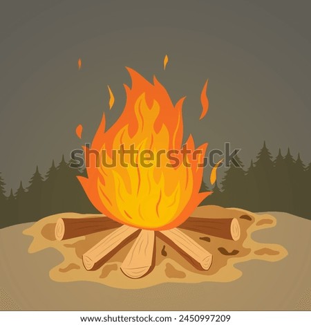 An open bright bonfire in an open area. A firewood flame, a burning campfire or bonfire. Wood fire. EPS 10.