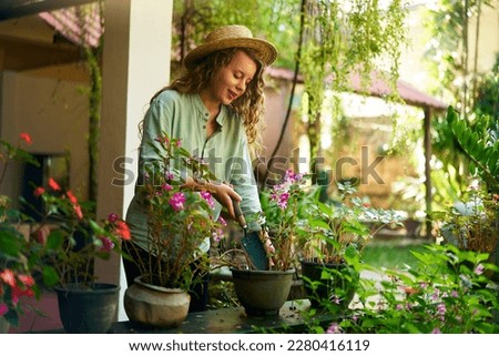 Similar – Image, Stock Photo Woman planting flowers in pot at table