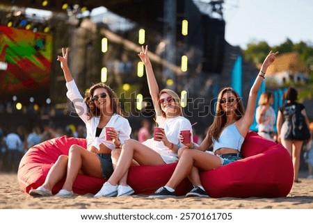 Similar – Image, Stock Photo Blue hour, happy laughter: Woman with short hair looks into the camera with amusement