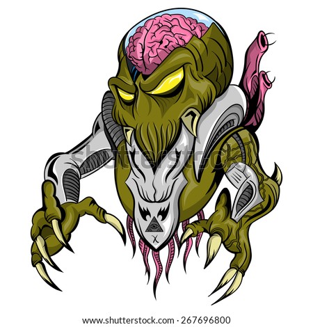 Illustration of a vector green robotic space alien with his brain inside a glass helmet. 