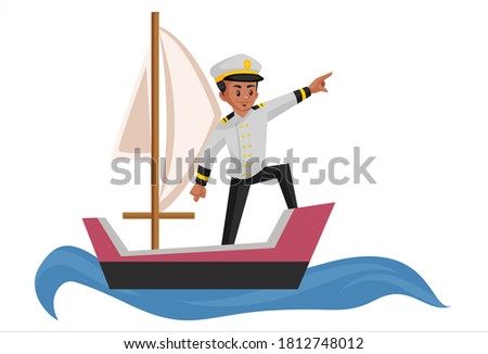 Sailor is in the boat and pointing his finger. Vector graphic illustration. Individually on a white background.