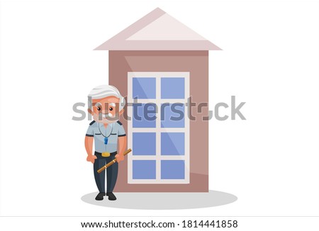 Watchman is standing at a door. Vector graphic illustration. Individually on a white background.