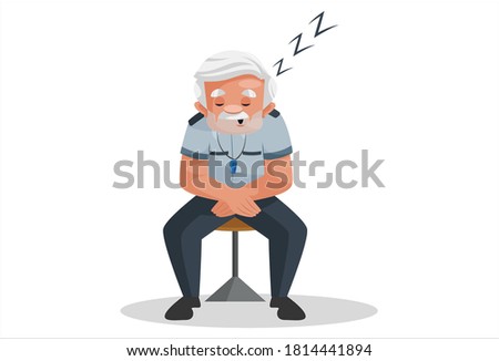 Watchman is sleeping on a chair. Vector graphic illustration. Individually on a white background.