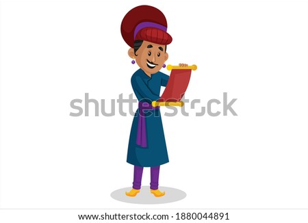 Birbal is reading a message on paper. Vector graphic illustration. Individually on a white background.