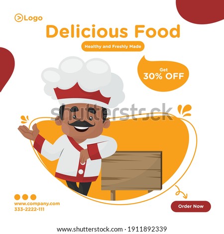 Delicious food banner design. Chef is standing with wooden sign board Vector graphic illustration.