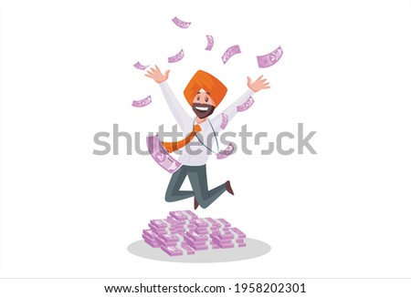 Punjabi banker is flying money in the air. Vector graphic illustration. Individually on a white background.