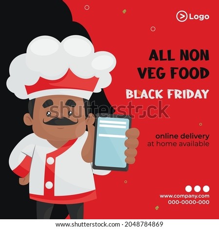 Banner design of non veg food offer on black Friday cartoon style template. 