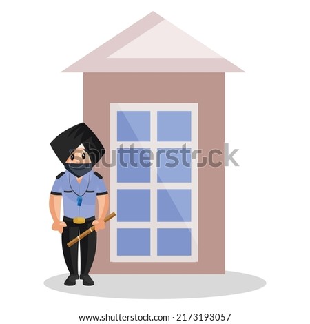 Punjabi watchman is standing at a door. Vector graphic illustration. Individually on a white background.