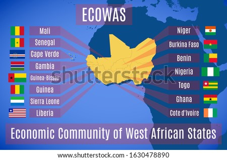 Vector map and flag of the Economic Community of West African States (ECOWAS).