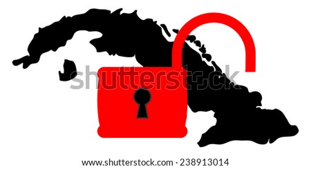 Vector illustration. Dark silhouette in Cuba territory under open red padlock. The weakening of the US sanctions against Cuba. Isolated on white background.